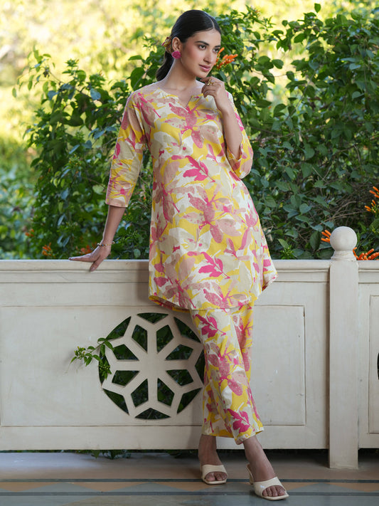 Janasya Bright Cotton Floral Straight Top & Bottom Set | Swadesiicart