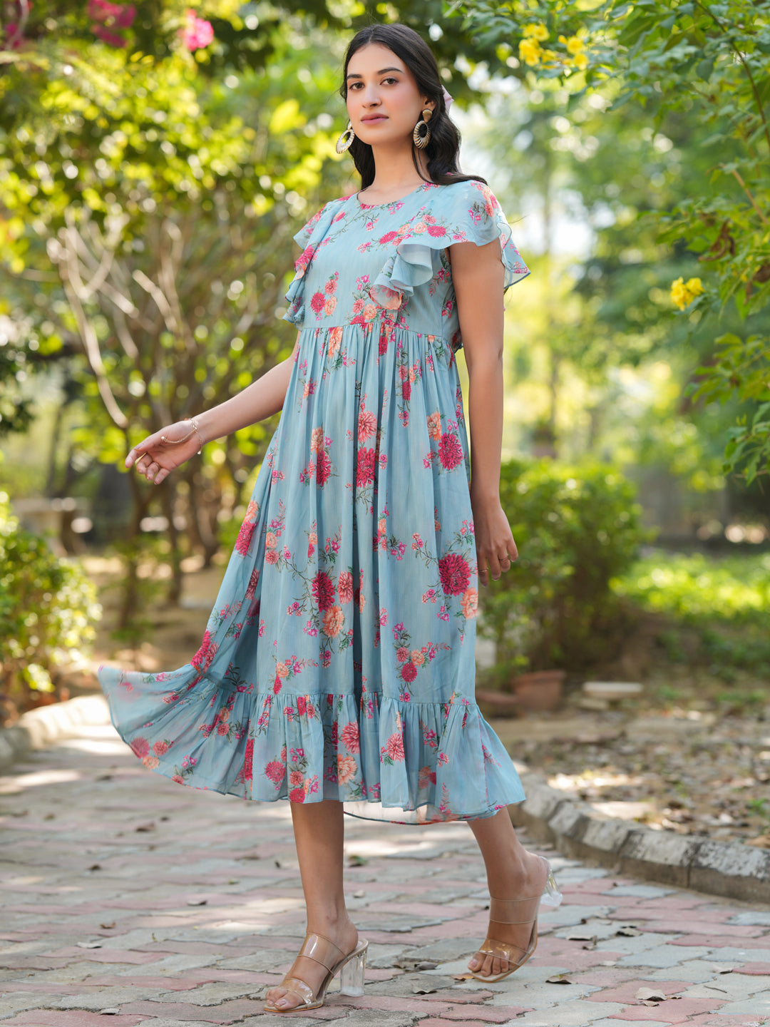 Janasya Bright Georgette Floral Tiered Dress | Swadesiicart