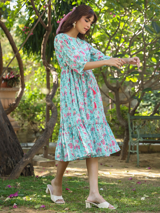 Janasya Bright Georgette Floral Tiered Dress | Swadesiicart