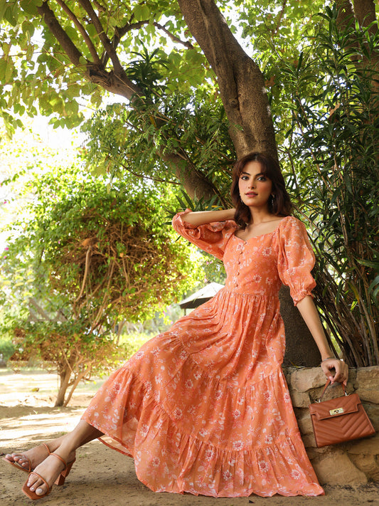 Janasya Bright Georgette Floral Tiered Dress | Swadesiicart