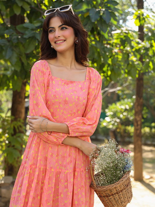 Janasya Light Georgette Floral Tiered Dress | Swadesiicart
