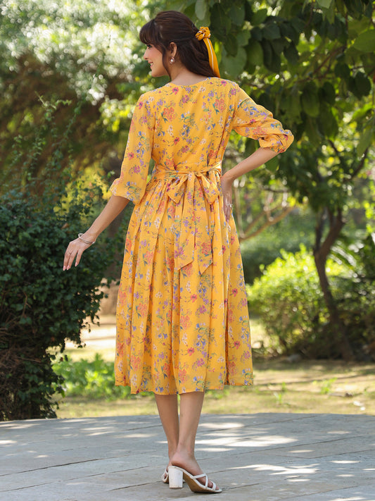 Janasya Bright Georgette Floral Gathered Dress | Swadesiicart