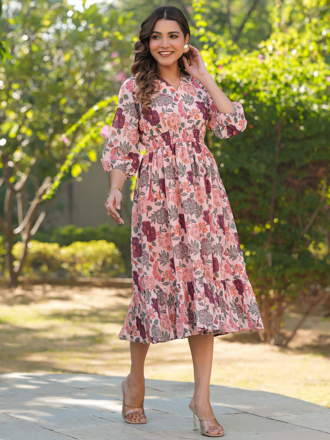 Janasya Light Georgette Floral Fit & Flare Dress | Swadesiicart