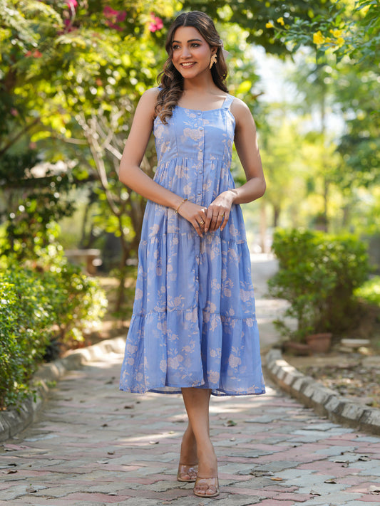 Janasya Bright Georgette Floral Tiered Dress | Swadesiicart