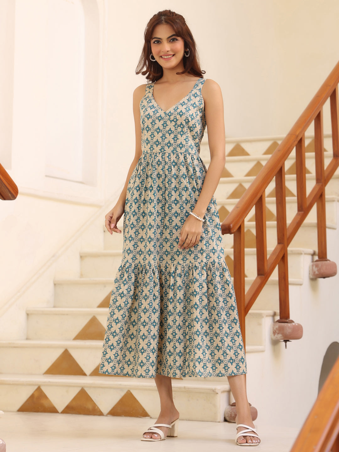 Janasya Light Cotton Ethnic Motifs Tiered Dress | Swadesiicart