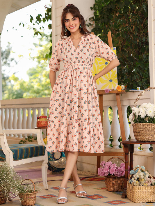 Janasya Light Cotton Floral Tiered Dress | Swadesiicart