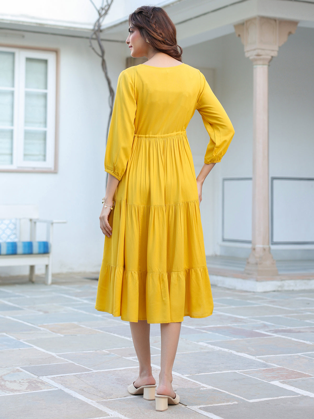 Janasya Bright Rayon Solid Tiered Dress | Swadesiicart
