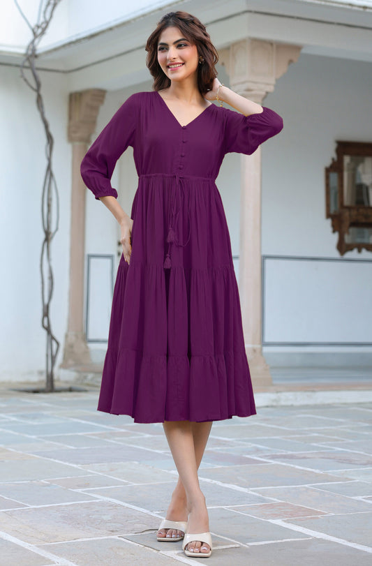 Janasya Dark Rayon Solid Tiered Dress | Swadesiicart