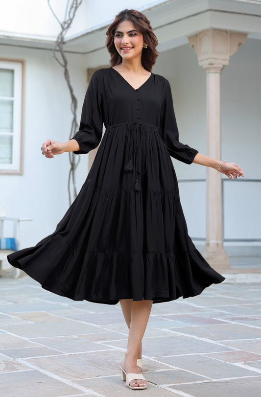 Janasya Dark Rayon Solid Tiered Dress | Swadesiicart