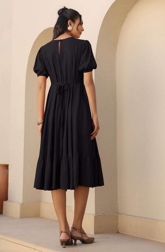 Janasya Dark Rayon Solid A-Line Dress | Swadesiicart