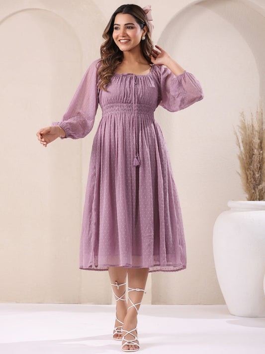 Janasya Light Dobby Chiffon Self Design Fit & Flare Dress | Swadesiicart