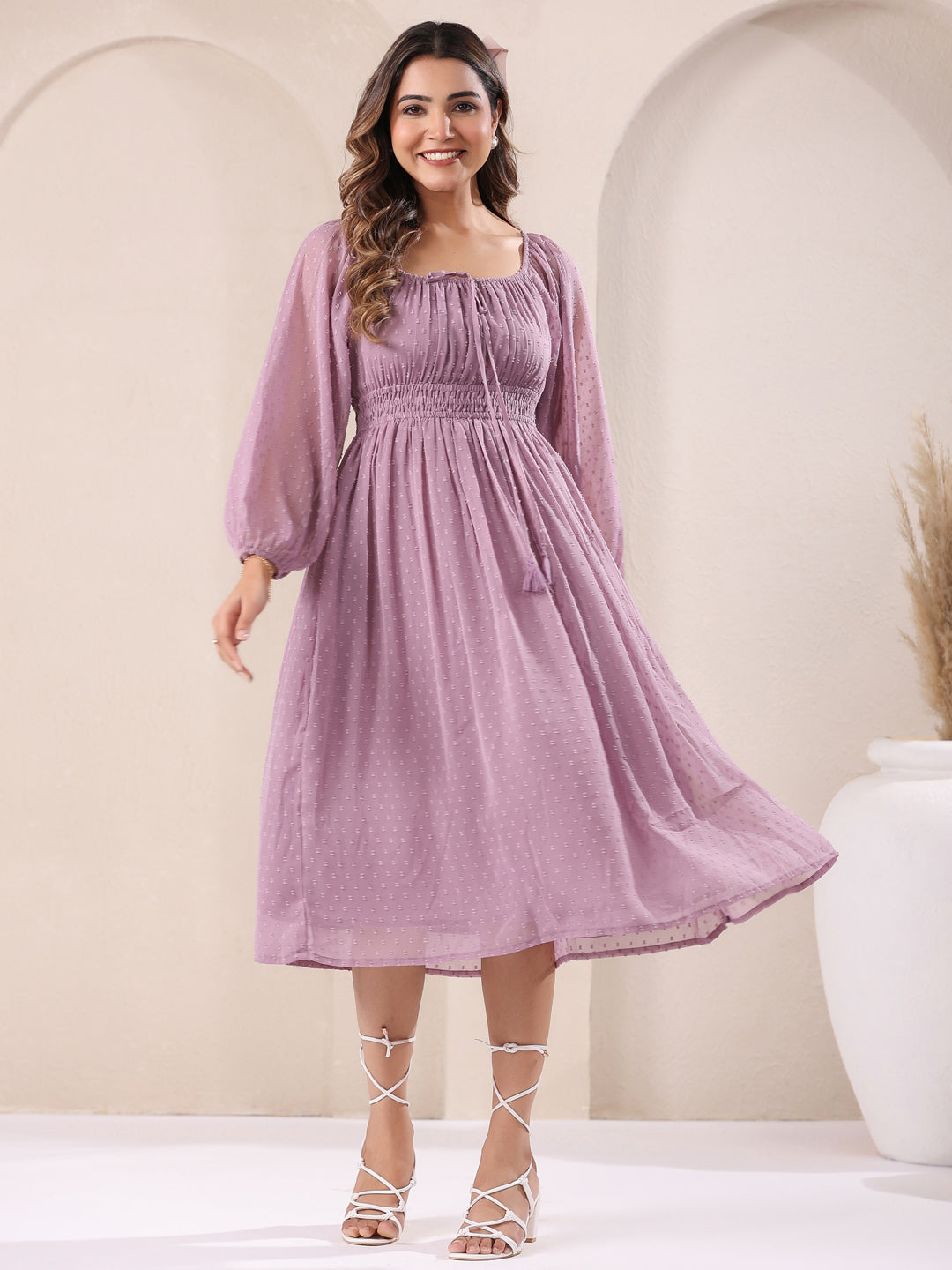 Janasya Light Dobby Chiffon Self Design Fit & Flare Dress | Swadesiicart