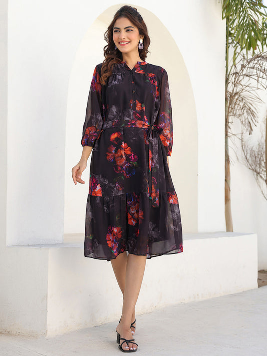 Janasya Dark Georgette Floral Tiered Dress | Swadesiicart
