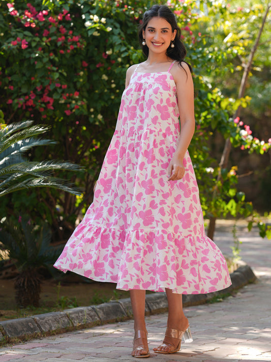 Janasya Light Cotton Abstract Tiered Dress | Swadesiicart