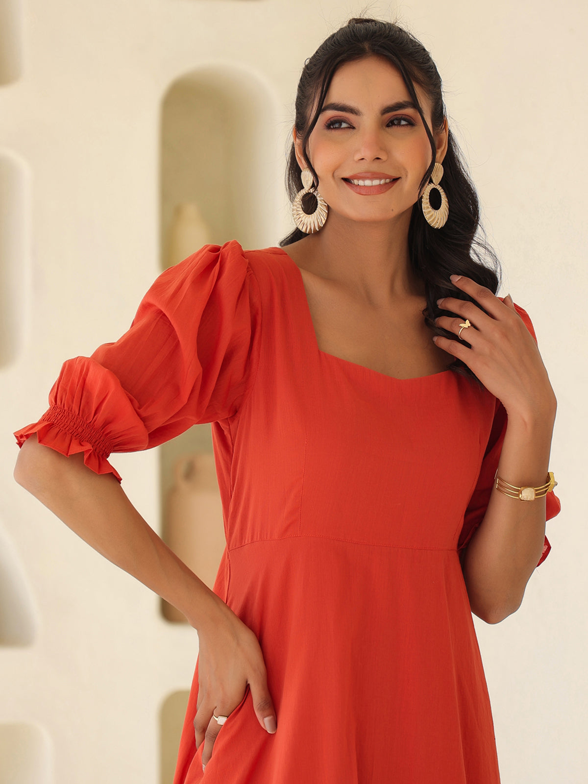 Janasya Light Cotton Solid A-Line Dress | Swadesiicart