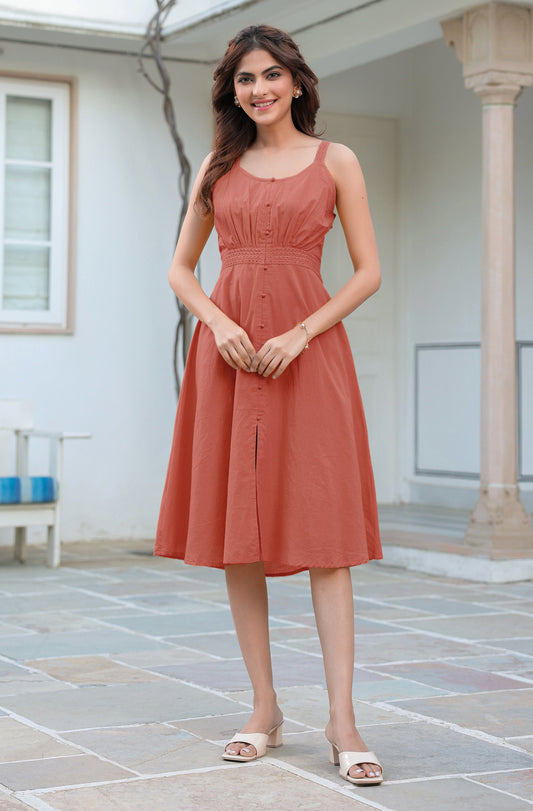 Janasya Dark Cotton Solid A-Line Dress | Swadesiicart
