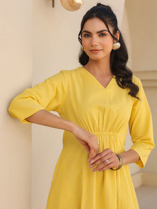 Janasya Bright Cotton Solid A-Line Dress | Swadesiicart
