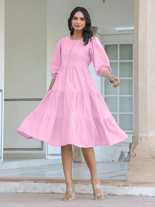 Janasya Bright Cotton Solid Tiered Dress | Swadesiicart