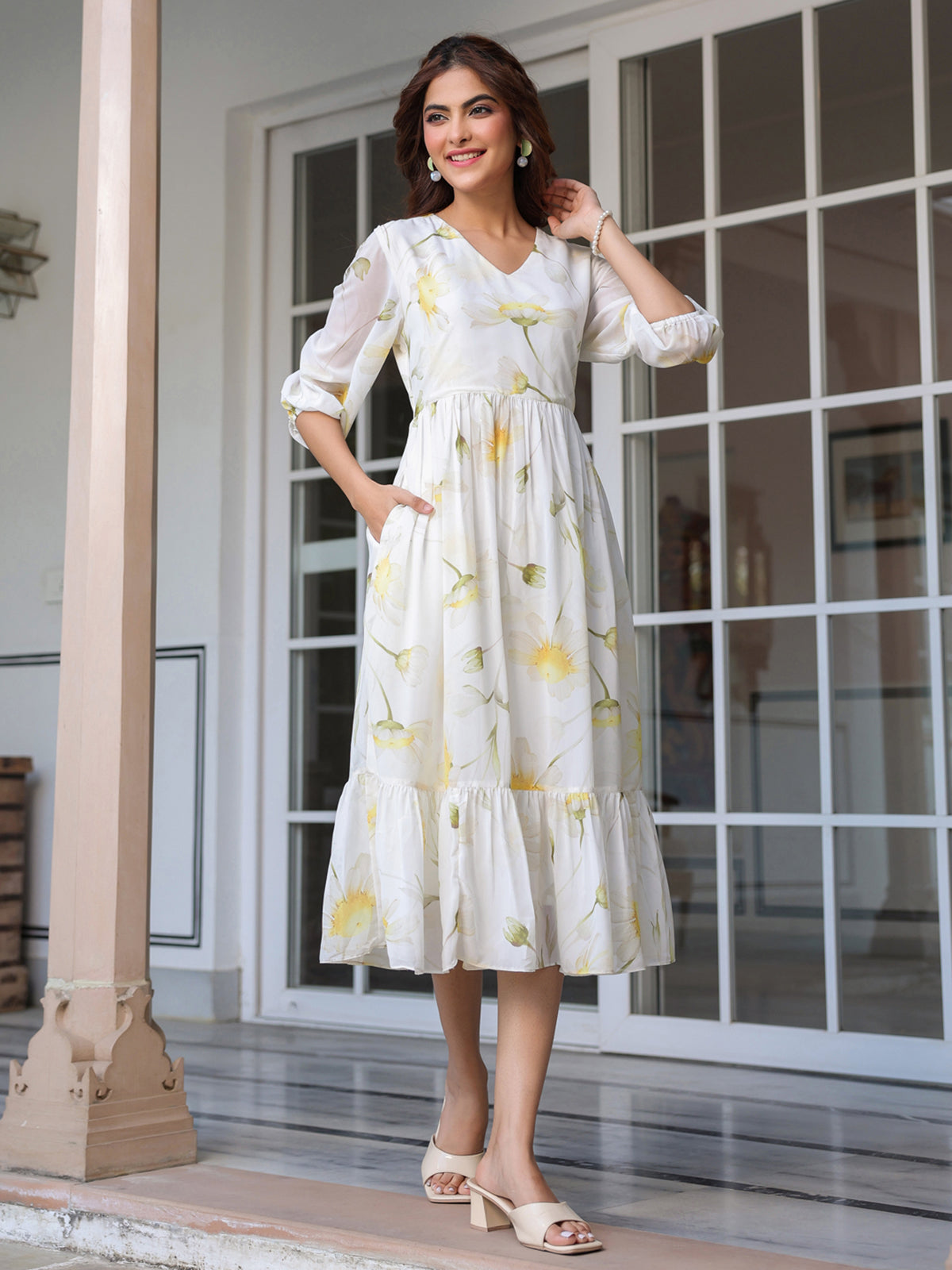 Janasya Light Georgette Floral Tiered Dress | Swadesiicart
