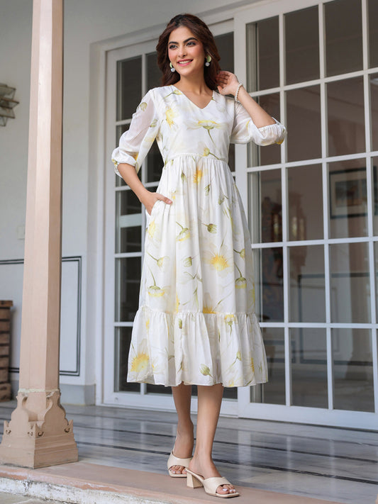 Janasya Light Georgette Floral Tiered Dress | Swadesiicart