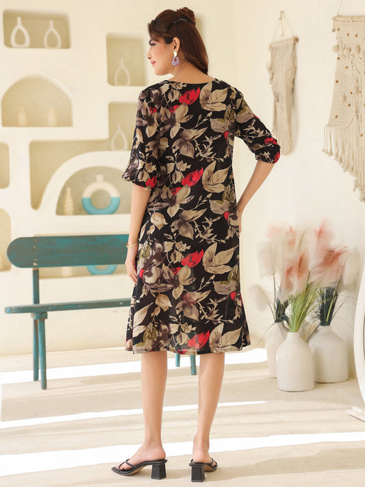Janasya Dark Rayon Floral A-Line Dress | Swadesiicart