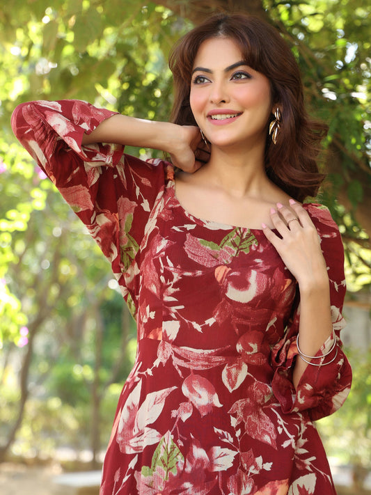 Janasya Dark Rayon Floral A-Line Dress | Swadesiicart
