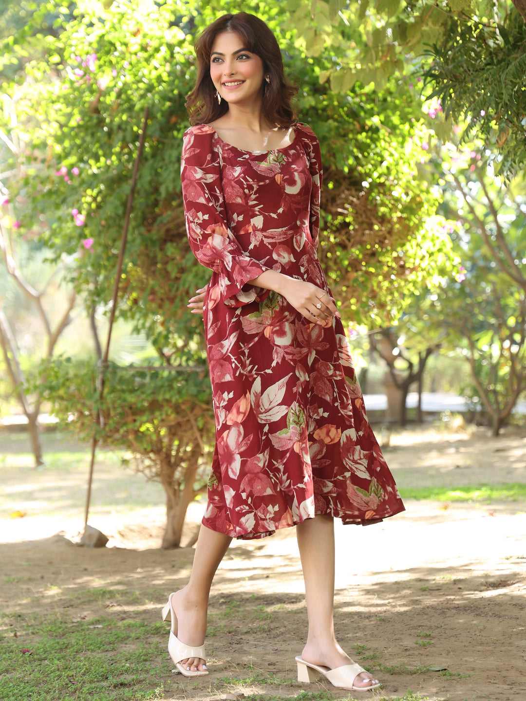 Janasya Dark Rayon Floral A-Line Dress | Swadesiicart