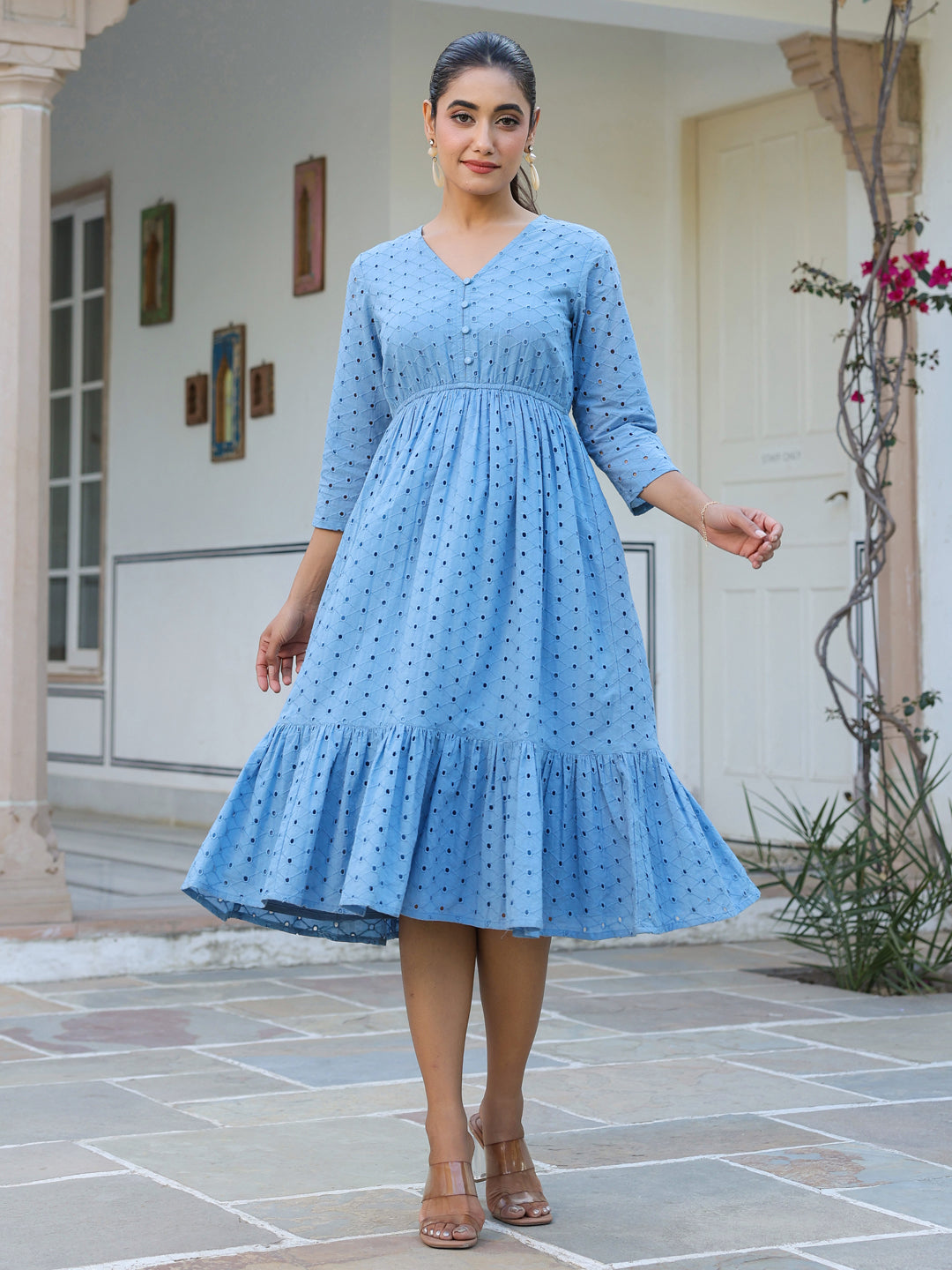 Janasya Light Cotton Schiffli Fit & Flare Dress | Swadesiicart