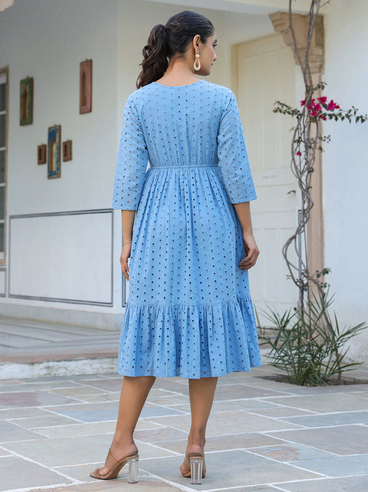 Janasya Light Cotton Schiffli Fit & Flare Dress | Swadesiicart