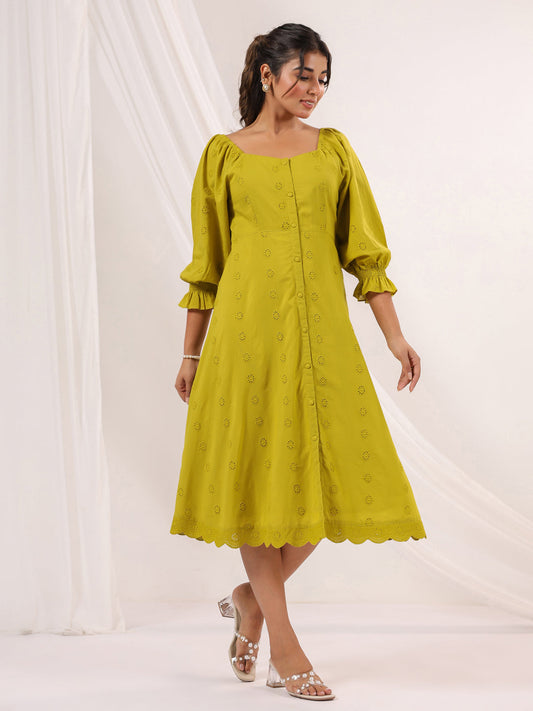 Janasya Dark Cotton Schiffli A-Line Dress | Swadesiicart