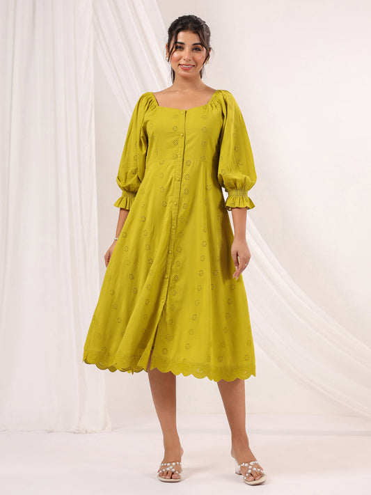 Janasya Dark Cotton Schiffli A-Line Dress | Swadesiicart