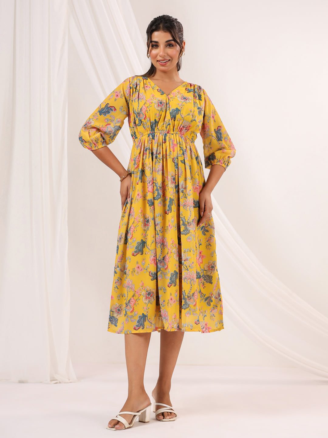 Janasya Bright Georgette Floral A-Line Dress | Swadesiicart