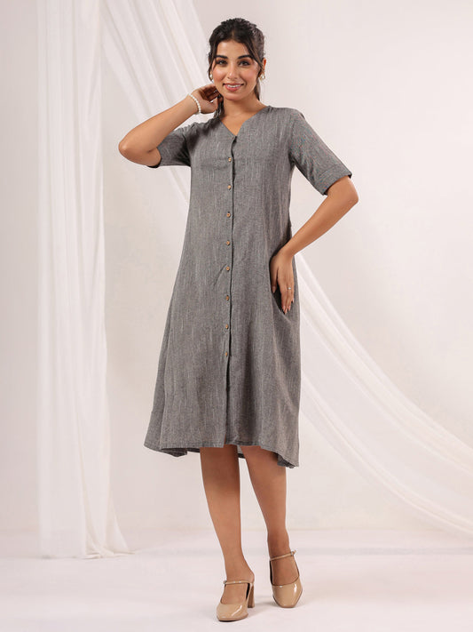 Janasya Dark Cotton Solid A-Line Dress | Swadesiicart