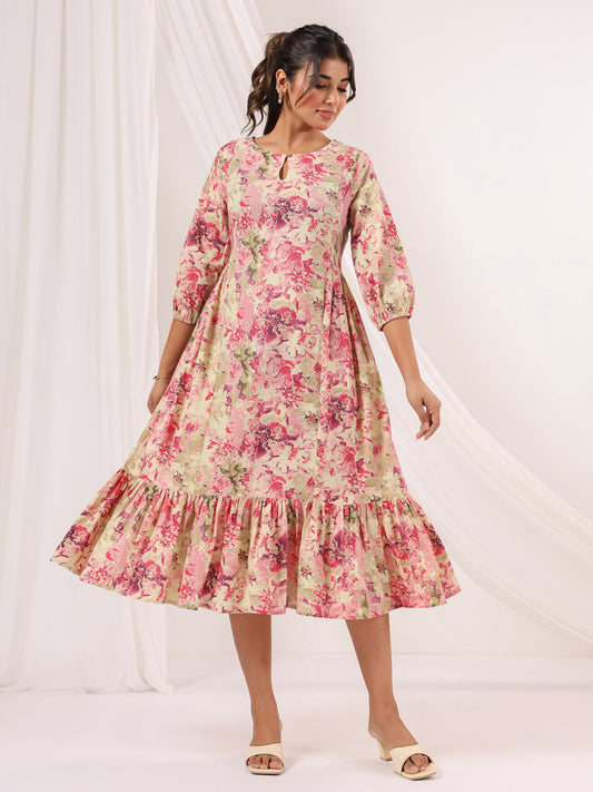 Janasya Bright Cotton Floral A-Line Dress | Swadesiicart
