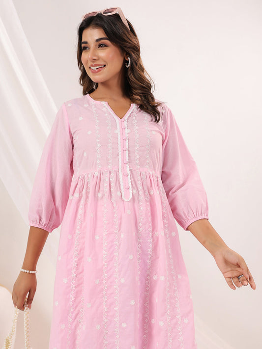 Janasya Light Cotton Embroidered A-Line Kurta Set | Swadesiicart