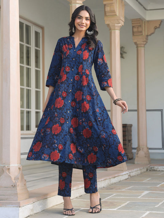 Janasya Dark Cotton Floral A-Line Kurta Set | Swadesiicart