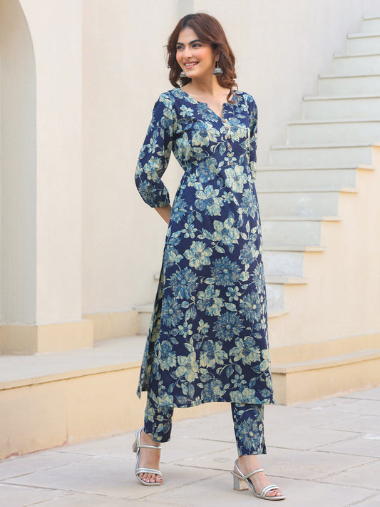 Janasya Dark Cotton Floral Straight Kurta Set | Swadesiicart