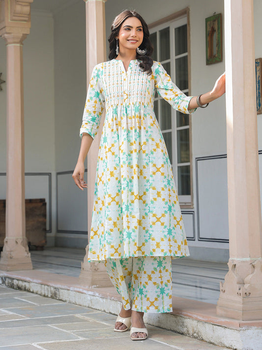 Janasya Light Cotton Abstract A-Line Kurta Set | Swadesiicart