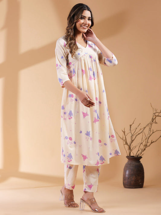 Janasya Light Cotton Floral A-Line Kurta Set | Swadesiicart