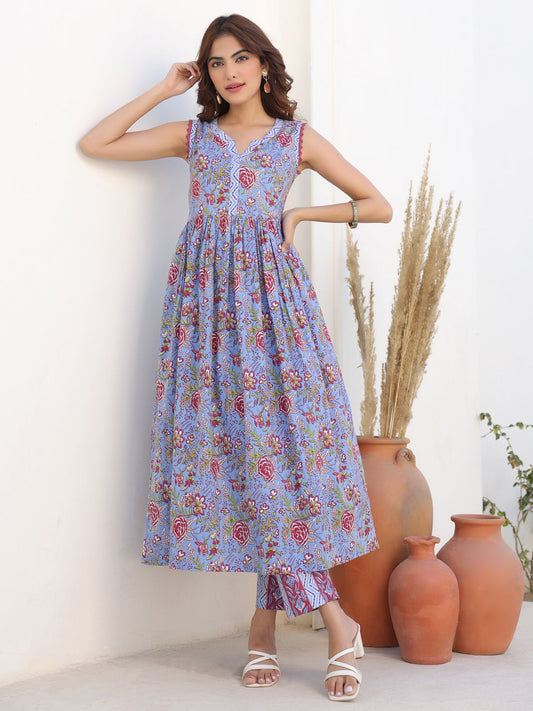 Janasya Dark Cotton Floral A-Line Kurta Set | Swadesiicart