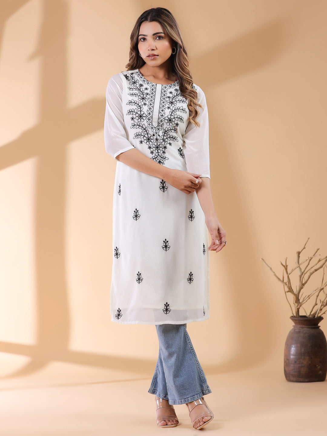 Janasya Dark Georgette Embroidered Straight Kurta - Swadesiicart
