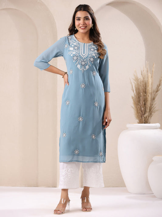 Janasya Bright Georgette Embroidered Straight Kurta - Swadesiicart