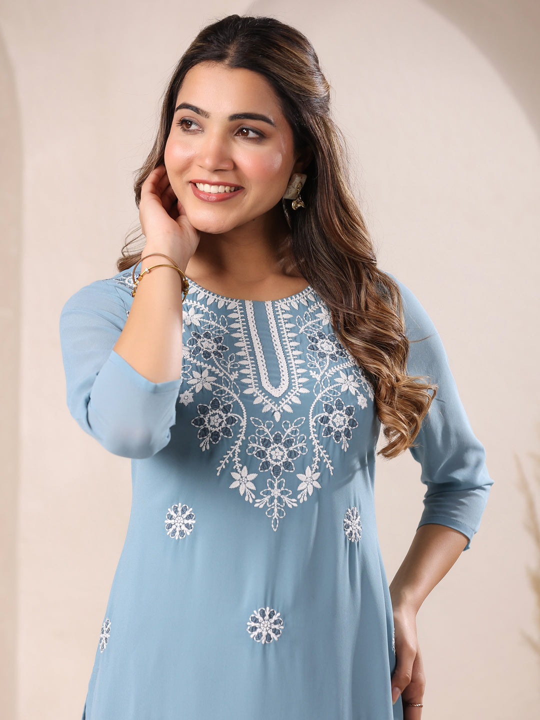 Janasya Bright Georgette Embroidered Straight Kurta - Swadesiicart
