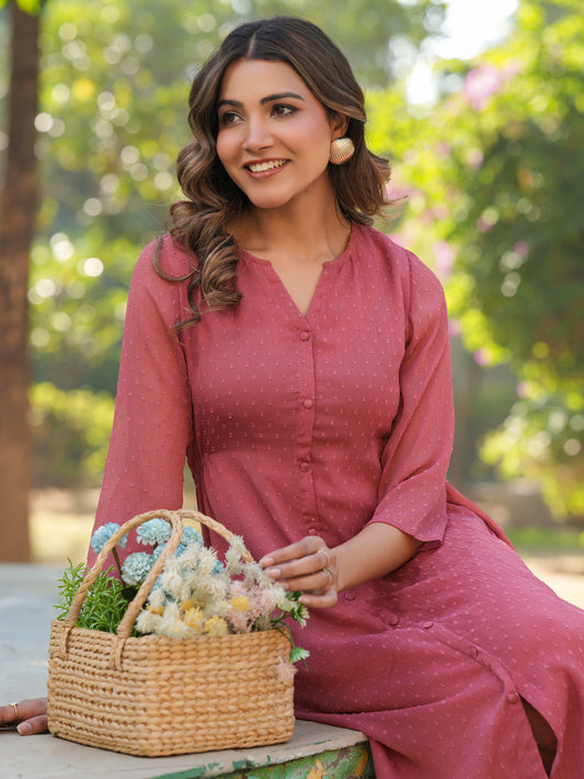 Janasya Light Dobby Chiffon Self Design A-Line Kurta - Swadesiicart