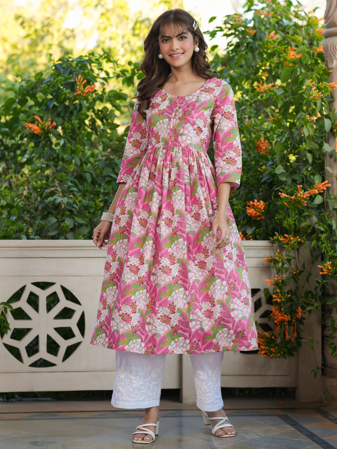 Janasya Bright Cotton Floral A-Line Kurta | Swadesiicart