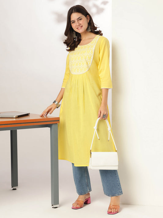 Janasya Light Cotton Yoke Embroidery A-Line Kurta | Swadesiicart