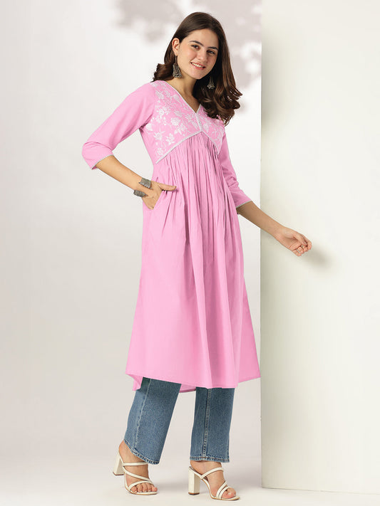 Janasya Light Cotton Yoke Embroidery A-Line Kurta | Swadesiicart