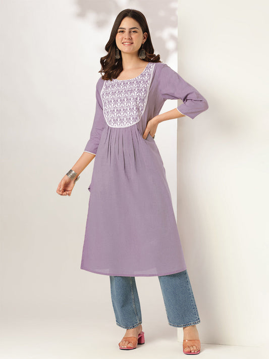 Janasya Light Cotton Yoke Embroidery Straight Kurta | Swadesiicart