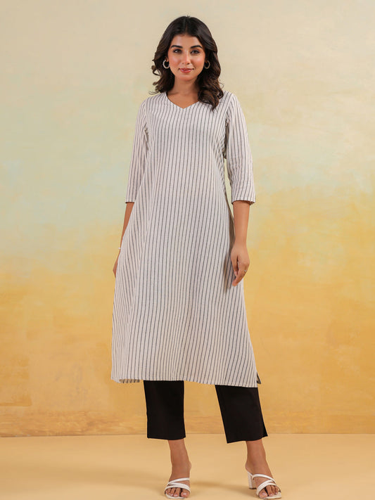 Janasya Light Cotton Striped Straight Kurta - Swadesiicart