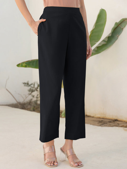 Janasya Black Cotton Solid Pant | Swadesiicart